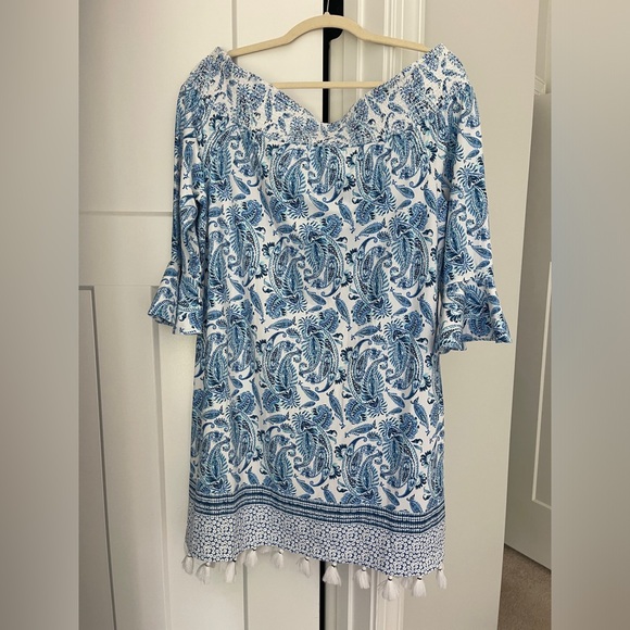 Cabana Life Off Shoulder Dress Charleston Blue White Tassel - Picture 2 of 6